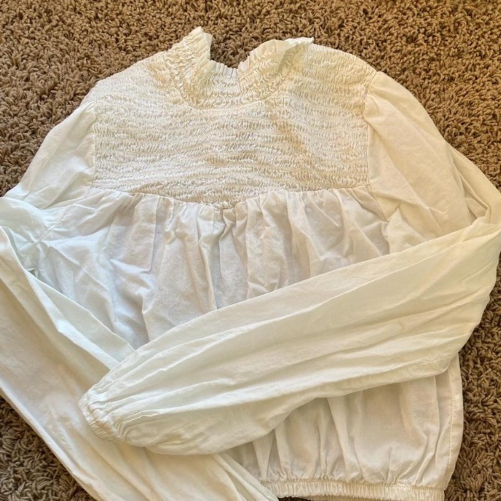 Cottage-core lightweight white mock-neck blouse